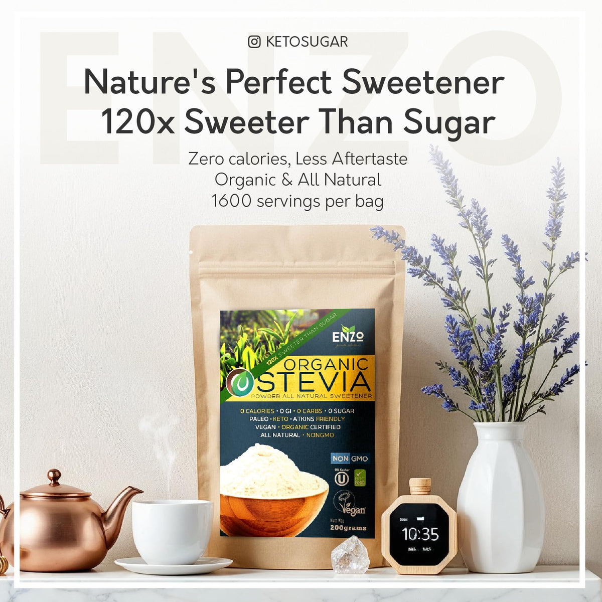 Enzo's stevia powder, 100% stevia extract, no additives for clean ingredient lists