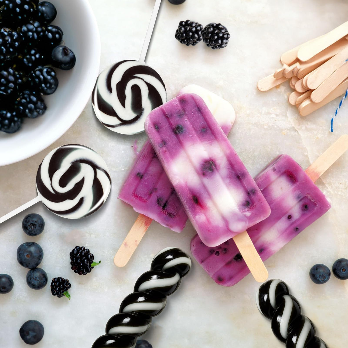 EORA blackberry-swirl-lollipops display, a visually striking treat for celebrations.