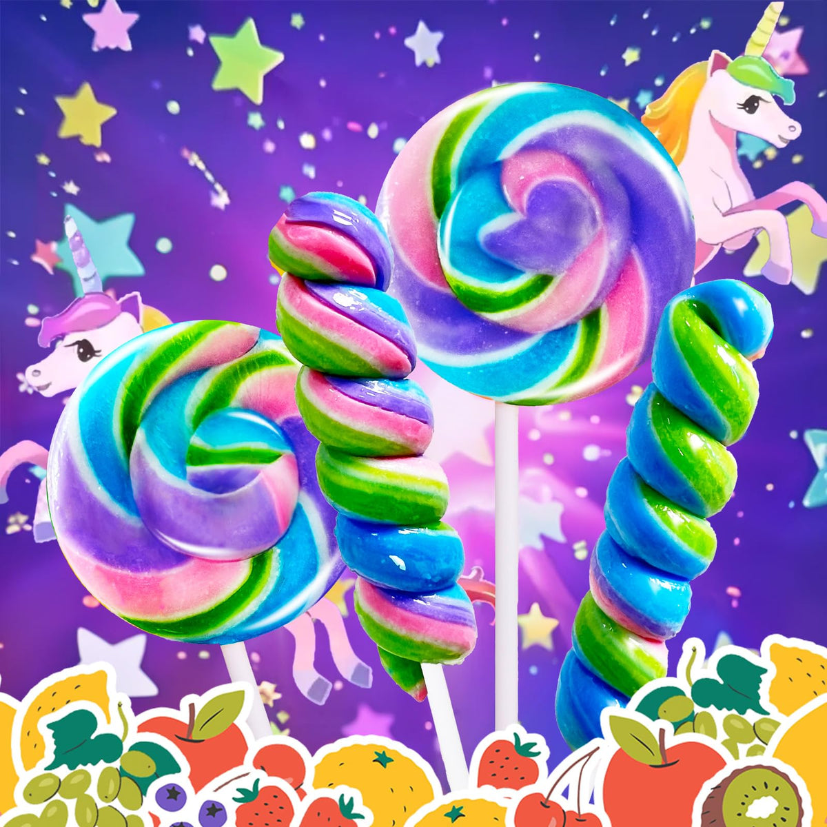 Mermaid-themed swirl lollipops by EORA, ideal for unicorn birthdays and cake toppers.