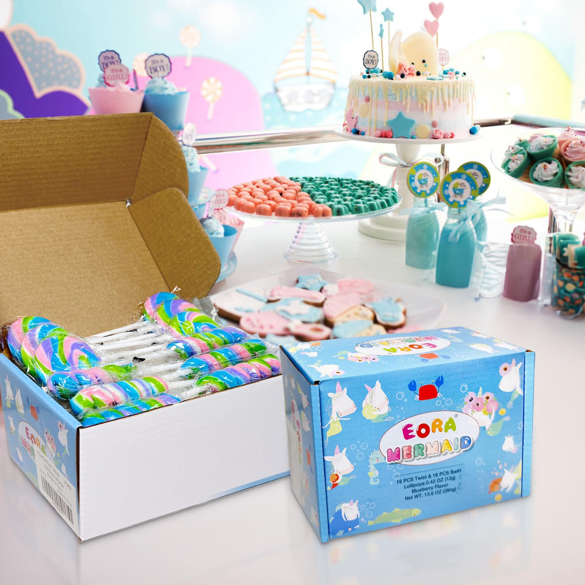 Colorful candy display with EORA lollipops, perfect for birthdays and celebrations.