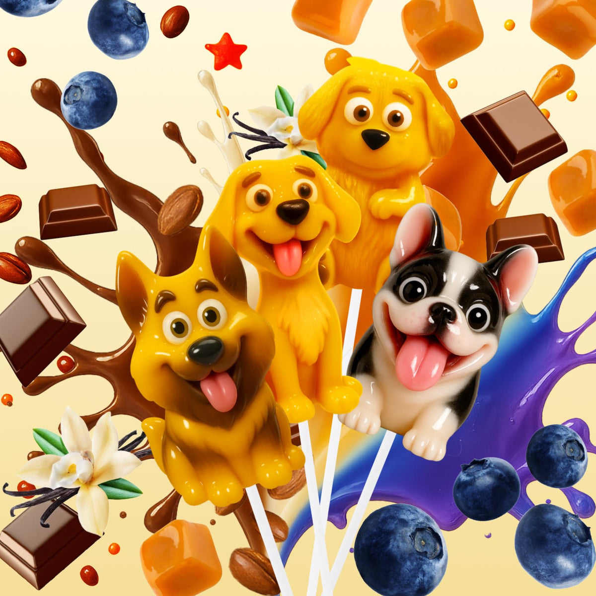 EORA puppy-shaped lollipops with French Bulldog design, perfect gifting at pet-themed celebrations.