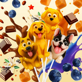 EORA puppy-shaped lollipops with French Bulldog design, perfect gifting at pet-themed celebrations.