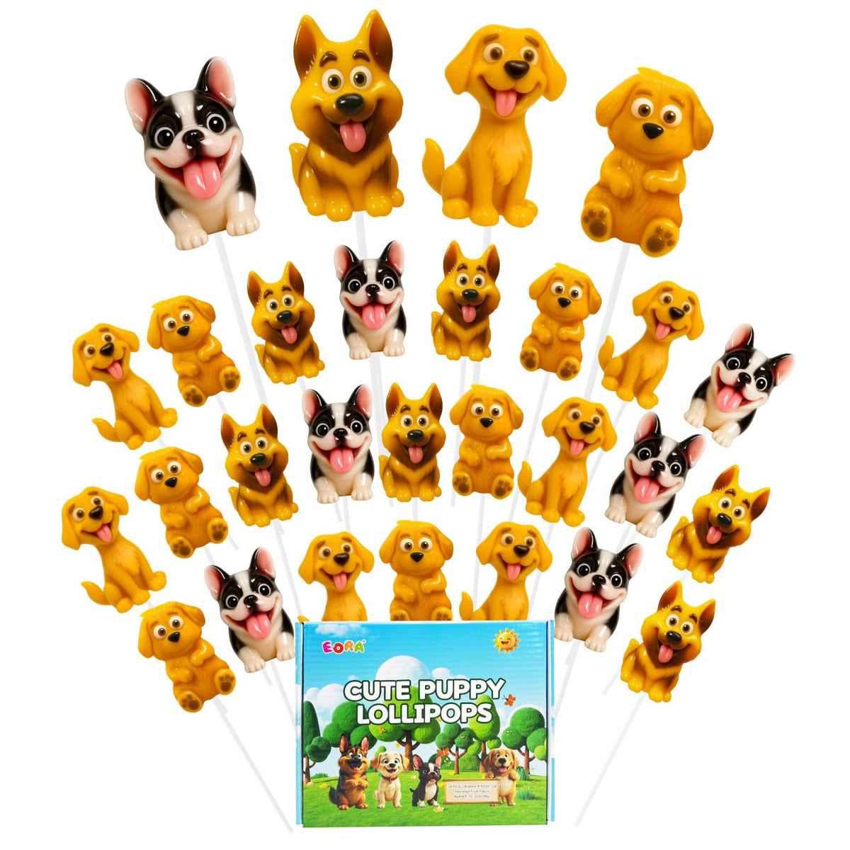 EORA puppy-shaped lollipops with Golden Retriever design, ideal for dog-themed party favors.