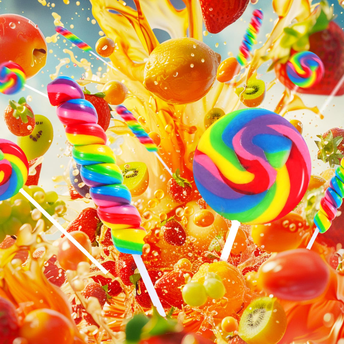EORA rainbow swirl lollipops, individually wrapped for freshness.