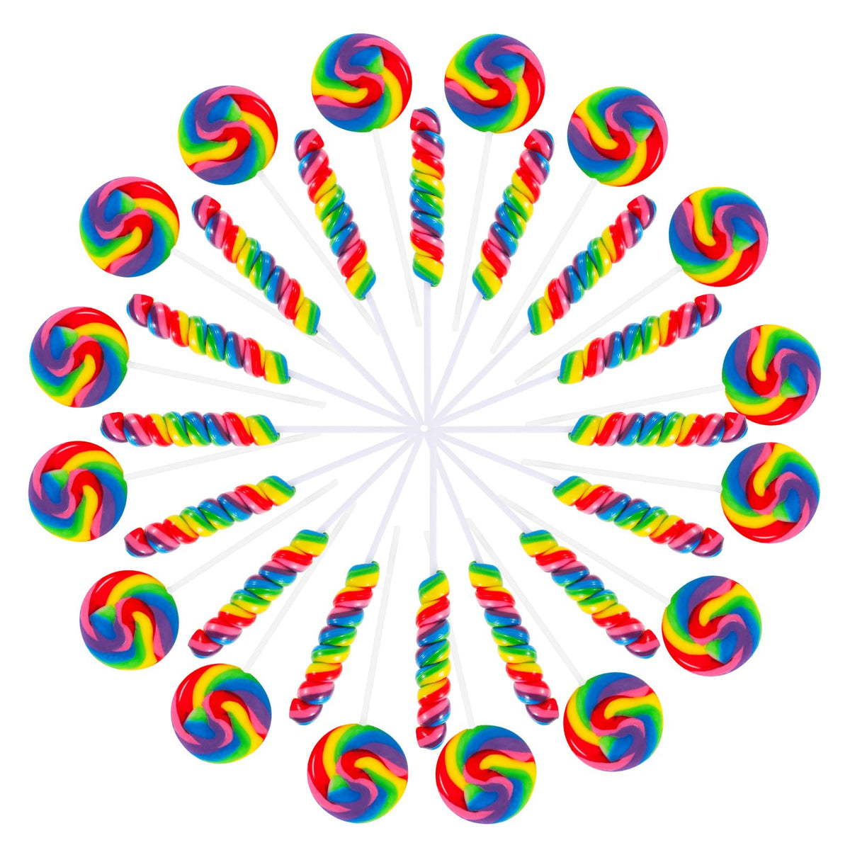 EORA rainbow twist lollipops in a 32-pack for party favors.