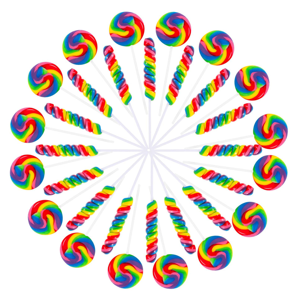 EORA rainbow twist lollipops in a 32-pack for party favors.