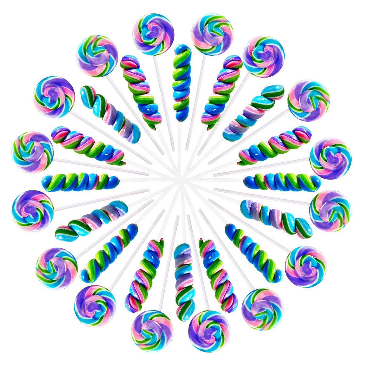EORA rainbow twist lollipops in blueberry flavor, perfect for party favors and decorations.
