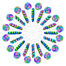 EORA rainbow twist lollipops in blueberry flavor, perfect for party favors and decorations.