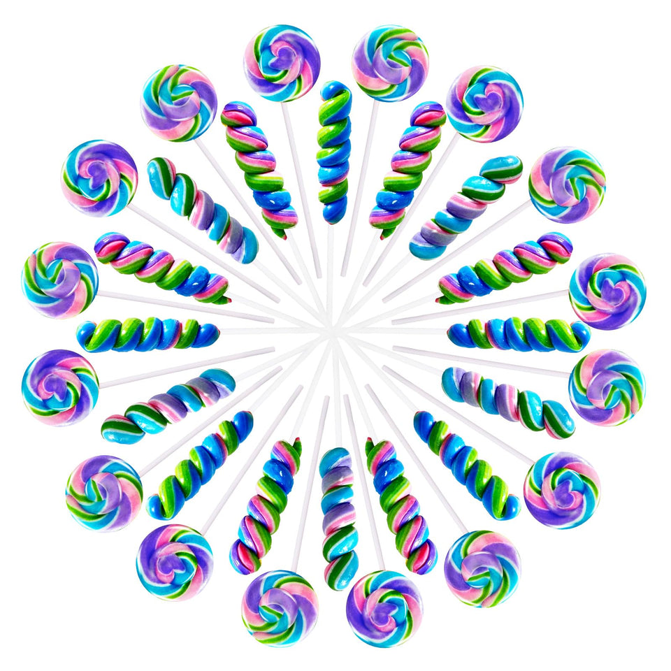 EORA rainbow twist lollipops in blueberry flavor, perfect for party favors and decorations.