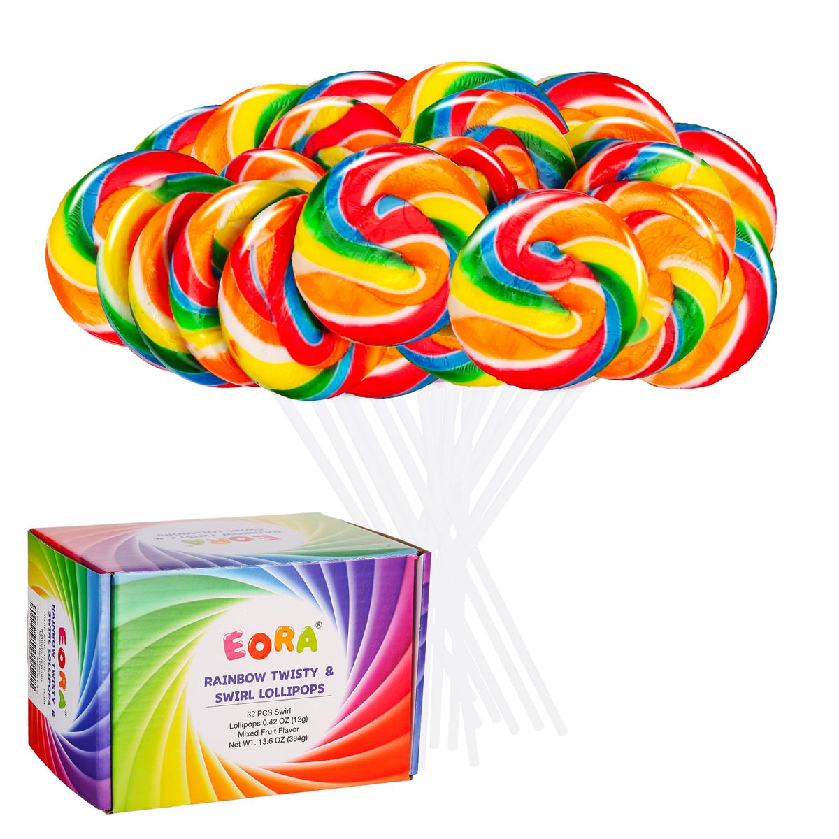 EORA rainbow-twisty-swirl-lollipops-32-pack for vibrant party favors.