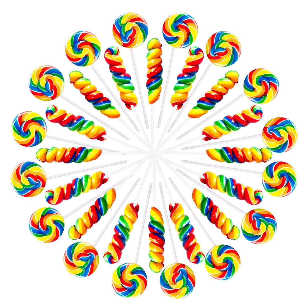 EORA rainbow twisty lollipops in a 32-pack, ideal for celebrations and cake toppers