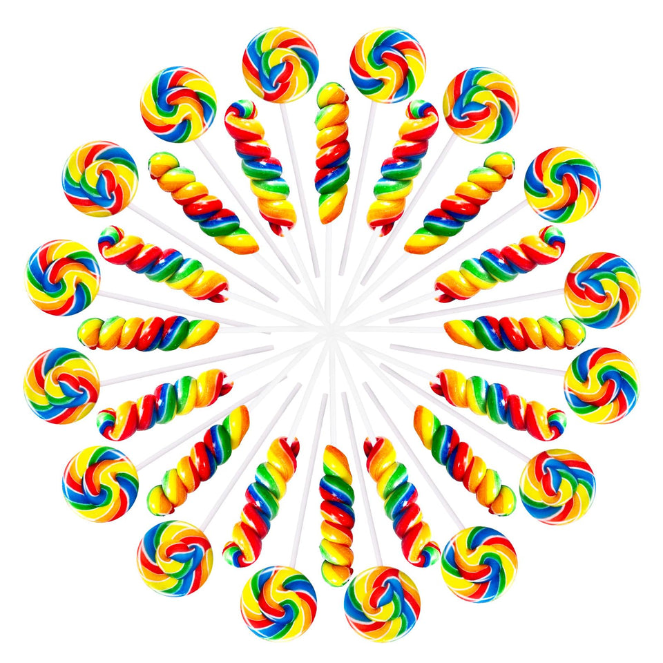 EORA rainbow twisty lollipops in a 32-pack, ideal for celebrations and cake toppers