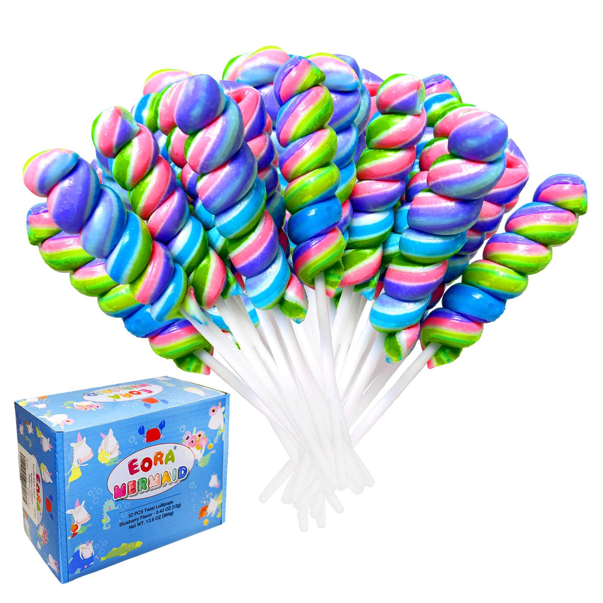 EORA rainbow-twisty-swirl lollipops ideal for cake decor and party favors.