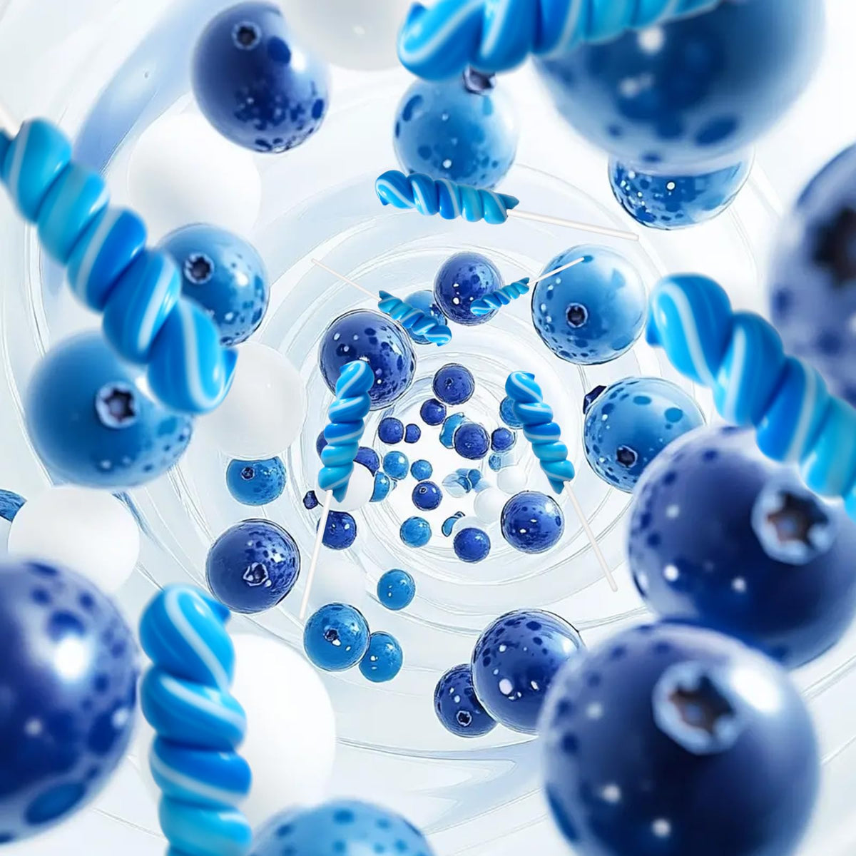 EORA Something Blue lollipops closeup, vivid blueberry flavor and swirl design.