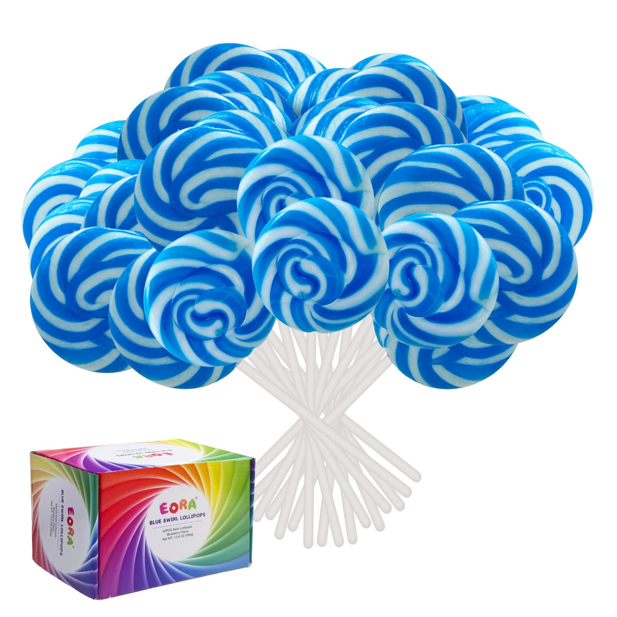 EORA Something Blue swirl lollipops perfect for parties and dessert tables.