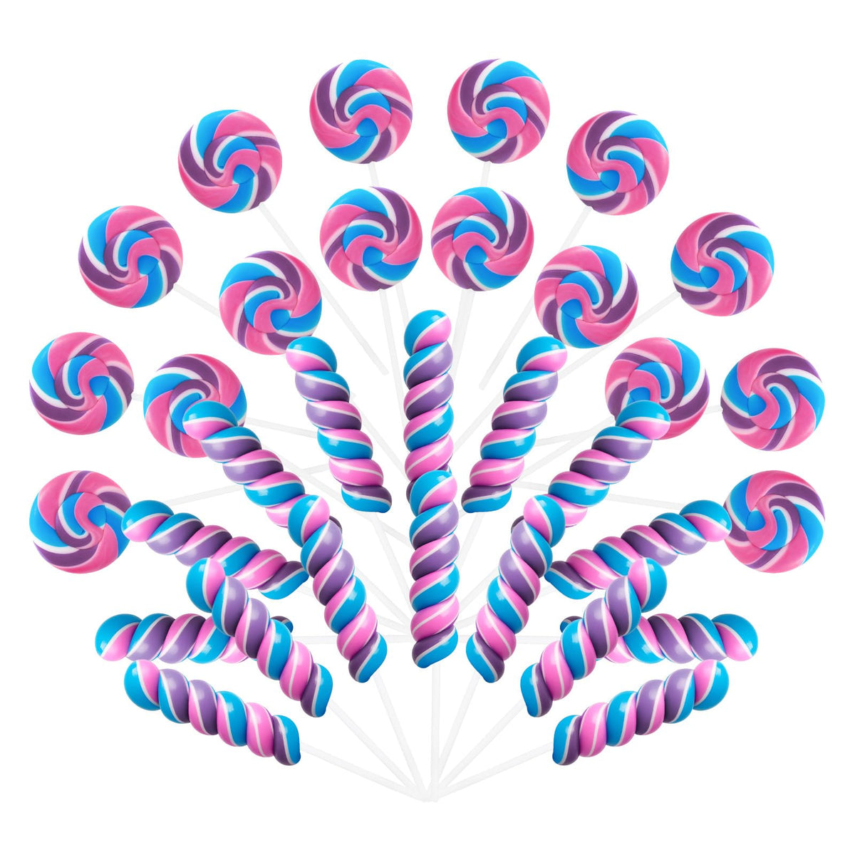 EORA twisty lollipops in blue-pink-purple for festive party treats.