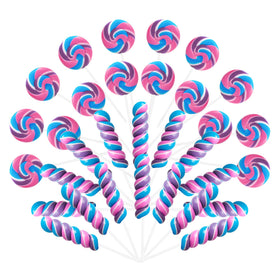 EORA twisty lollipops in blue-pink-purple for festive party treats.