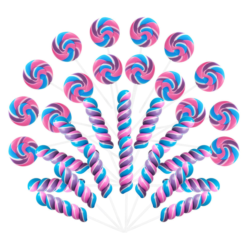 EORA twisty lollipops in blue-pink-purple for festive party treats.