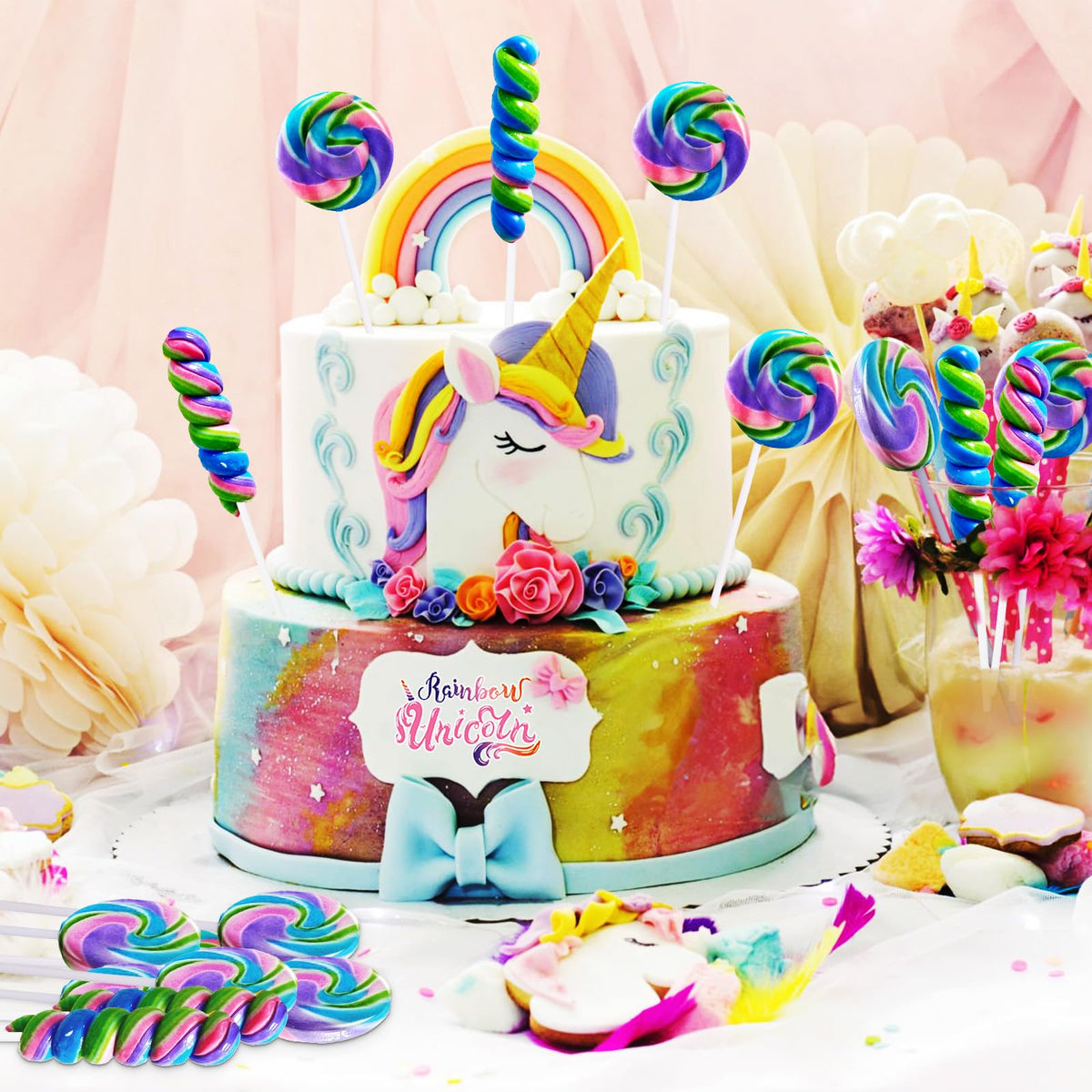 Unicorn candy swirl lollipops in a bulk bag, great for gifting and candy buffets.