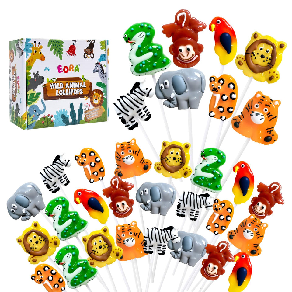 EORA Wildlife Lollipops lion-shaped kiwi flavor for zoo party favors.