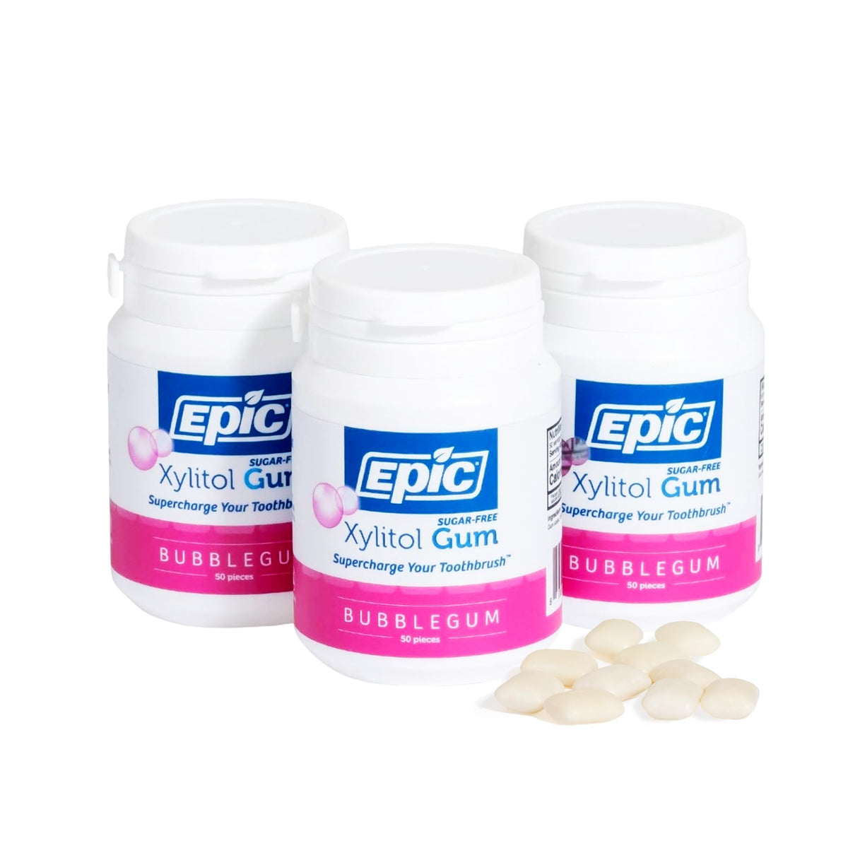 Epic 100% Xylitol Bubblegum gum piece promotes fresh breath and saliva flow.