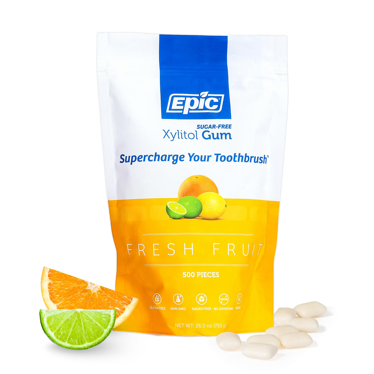 Epic 100% Xylitol chewing gum fruit flavor packaging promotes fresh breath after meals.