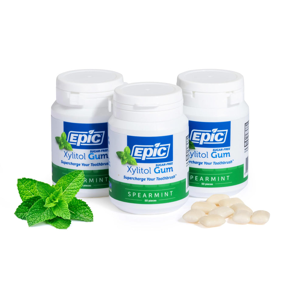 Epic 100% Xylitol chewing gum packaging close-up for on-the-go oral care