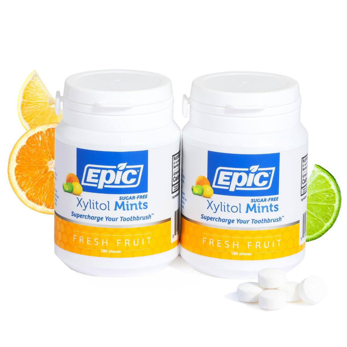 Epic 100 percent Xylitol Mints pack front promotes fresh breath with fruit flavor