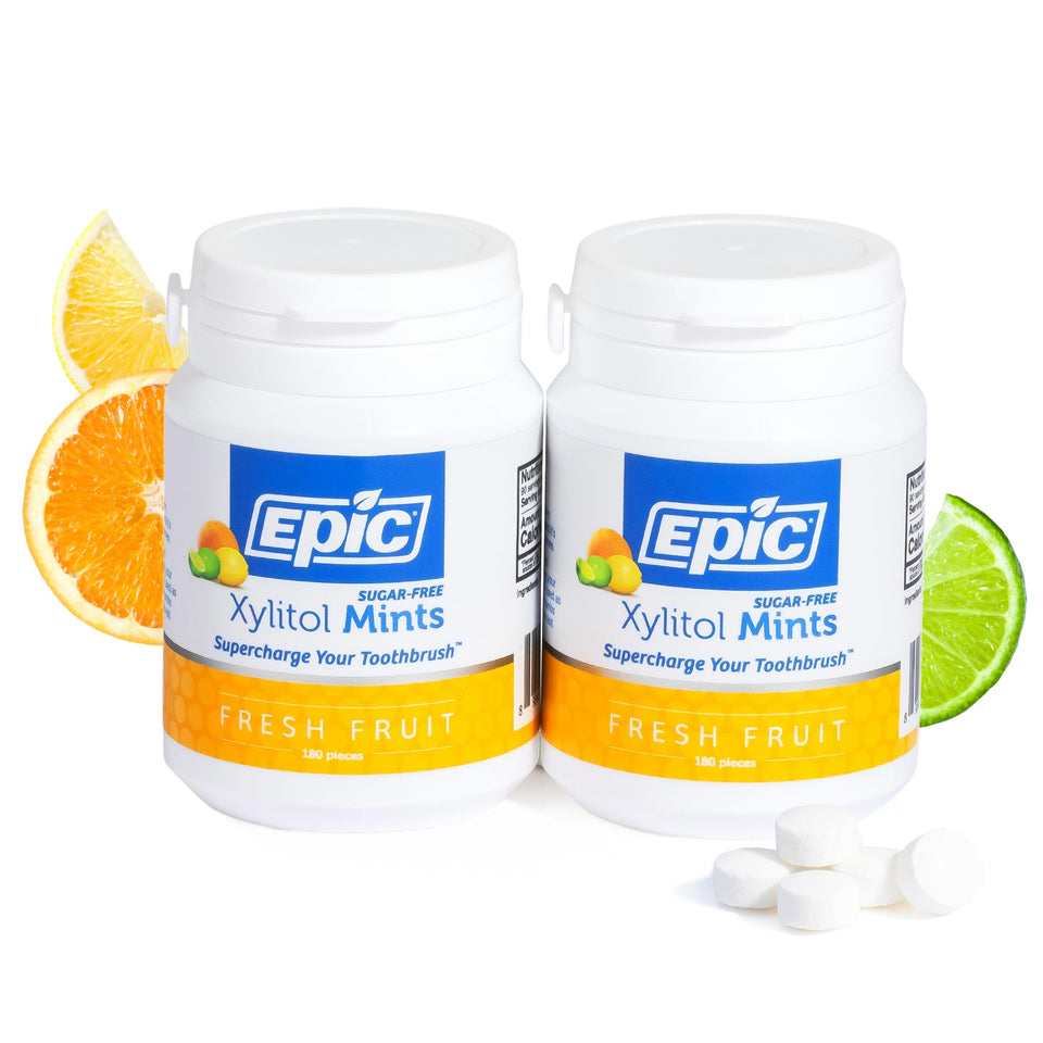 Epic 100 percent Xylitol Mints pack front promotes fresh breath with fruit flavor