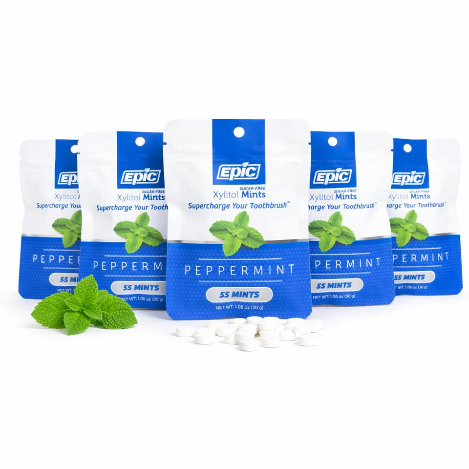 Epic 100-percent xylitol mints packaging shows a sugar-free breath freshener.