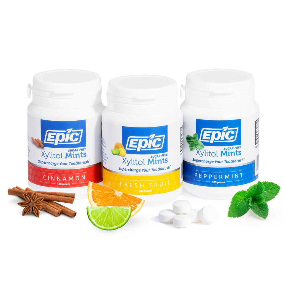 Epic 100% Xylitol Mints variety pack label shows flavors for fresh breath.
