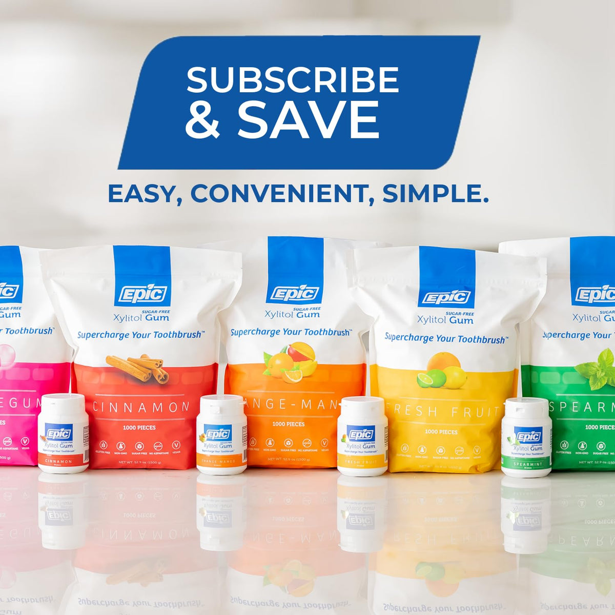 Epic aspartame-free gum pack emphasizes sugarless option.