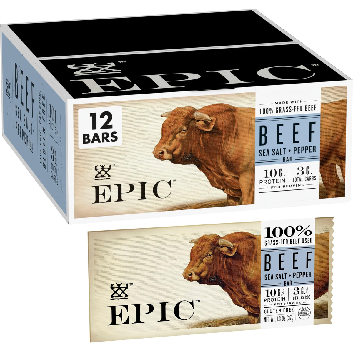 EPIC Beef Sea Salt Pepper bars on pack front, portable protein for on-the-go snacking