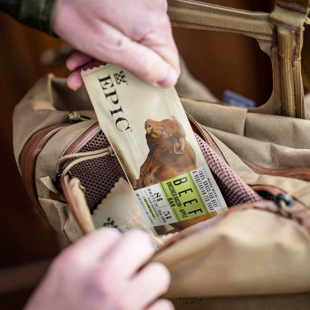 EPIC bars on-the-go in gym bag demonstrate easy low-carb protein
