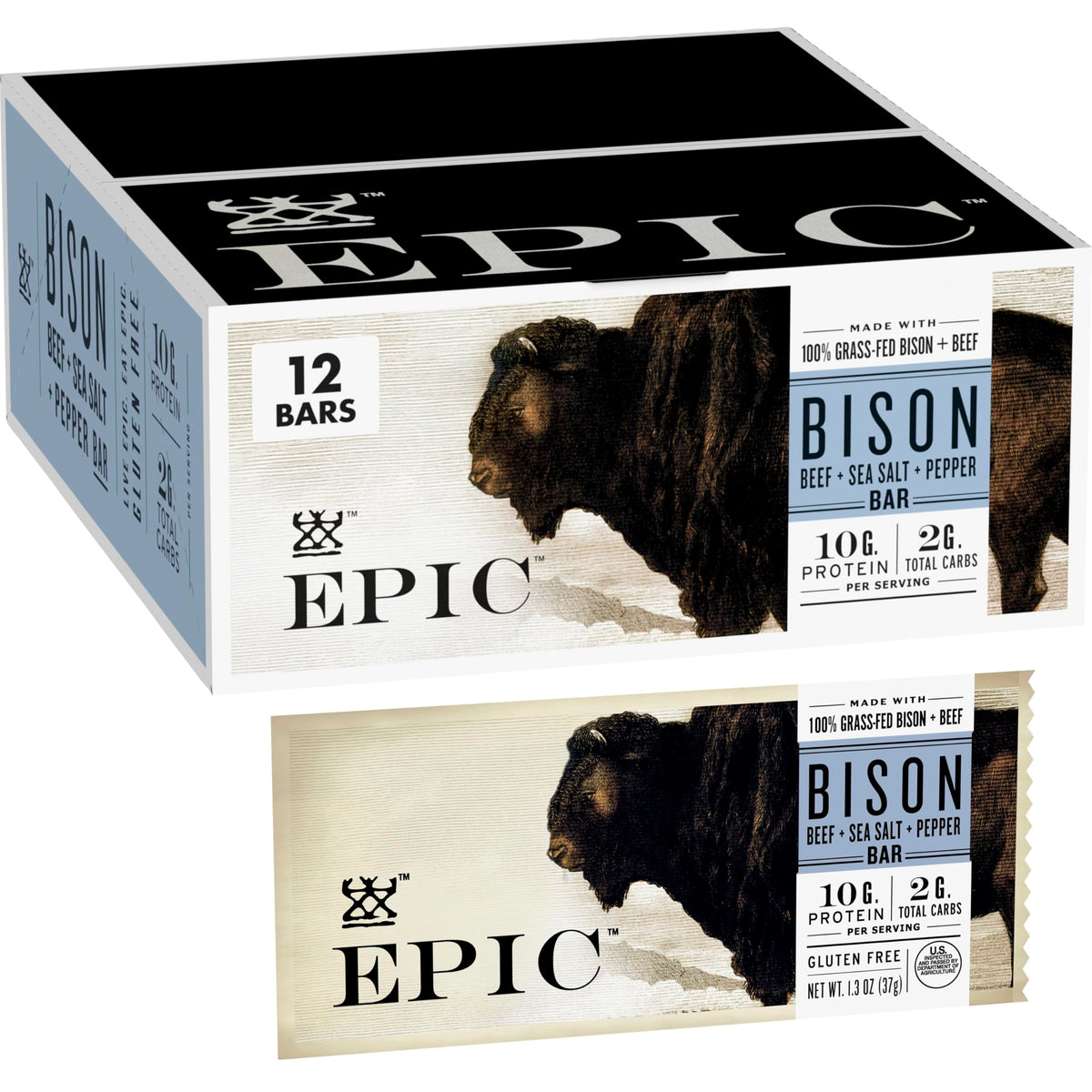Epic Bison Beef Sea Salt Pepper bar front view, savory protein snack for on-the-go energy.