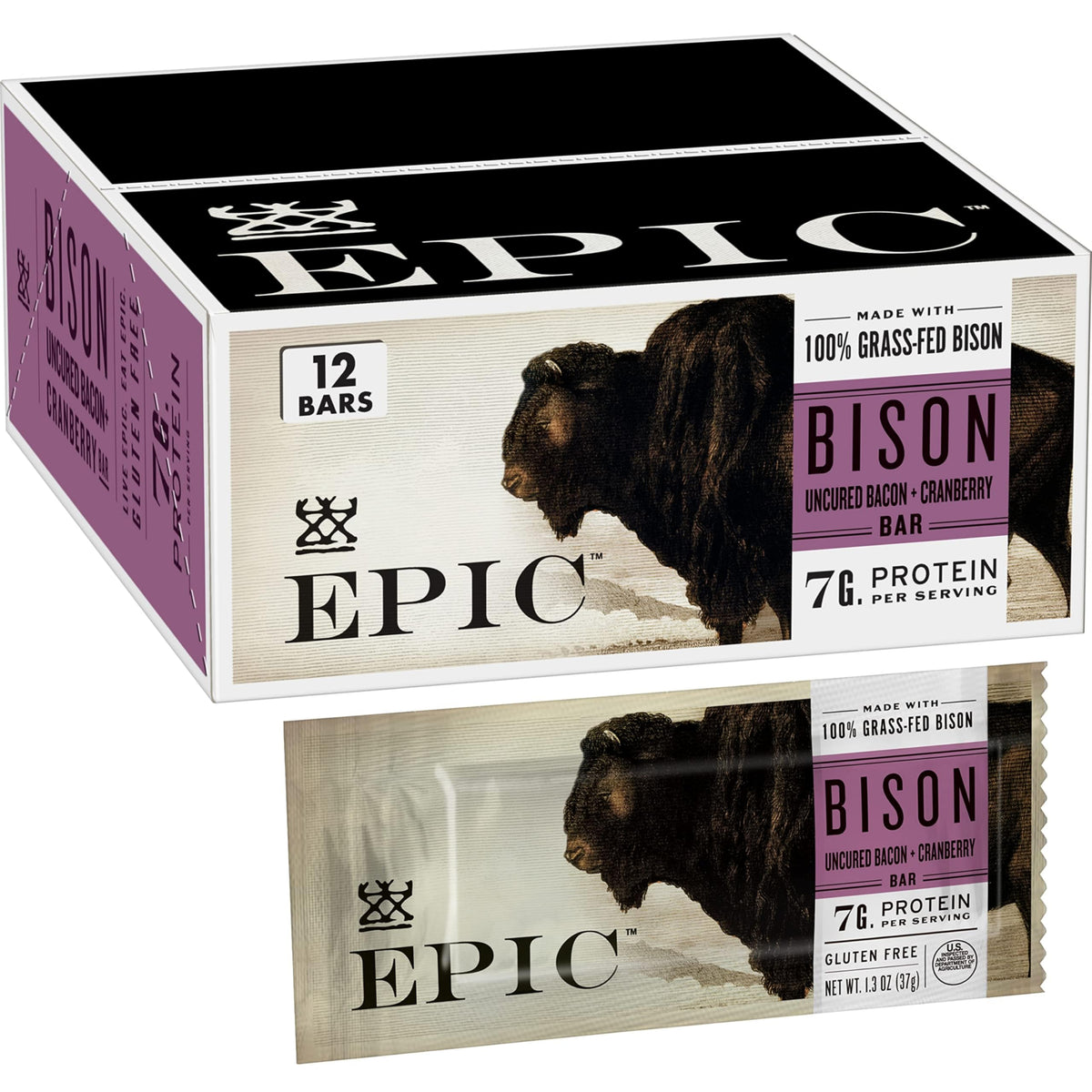 EPIC Bison Uncured Bacon Cranberry Bars box highlights grass-fed protein for on the go