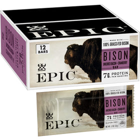 EPIC Bison Uncured Bacon Cranberry Bars box highlights grass-fed protein for on the go