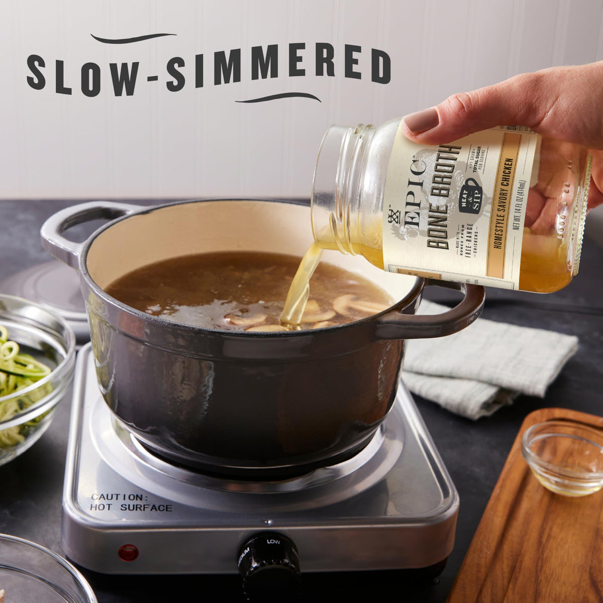 Epic Bone Broth Six-pack packaged for easy pantry rotation