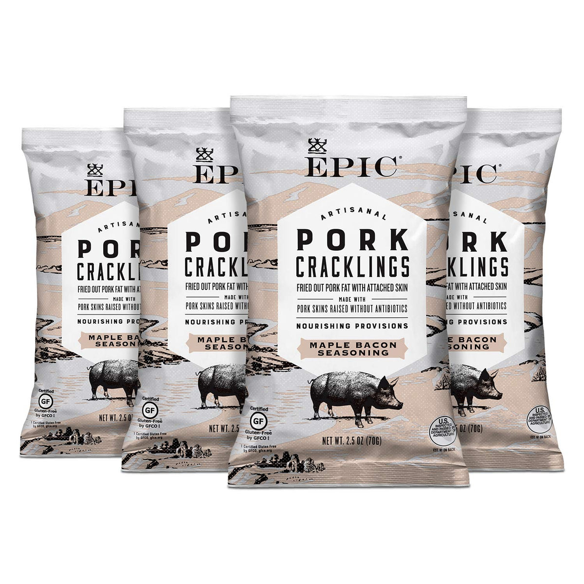 EPIC Maple Bacon Pork Cracklings 4-count box ready to grab and snack.