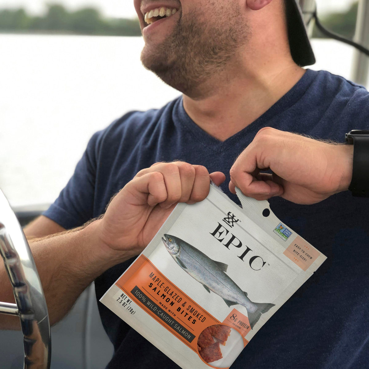 Resealable EPIC pouch keeps Maple Glazed Salmon Bites fresh during travel.