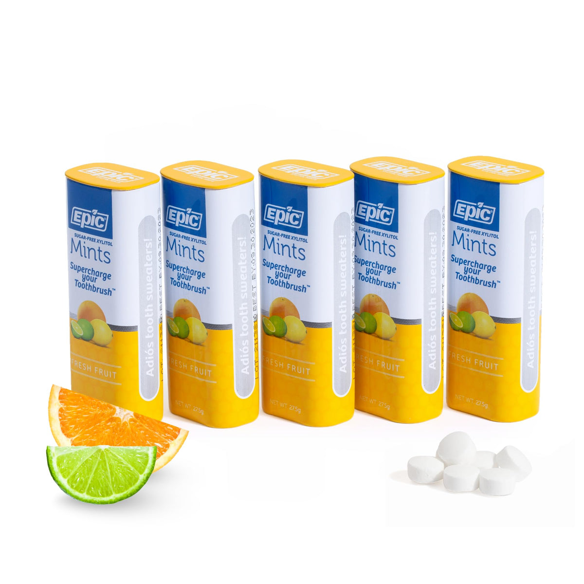 Epic Mints Fresh Fruit flavor five-pack shows a fruity, refreshing breath option