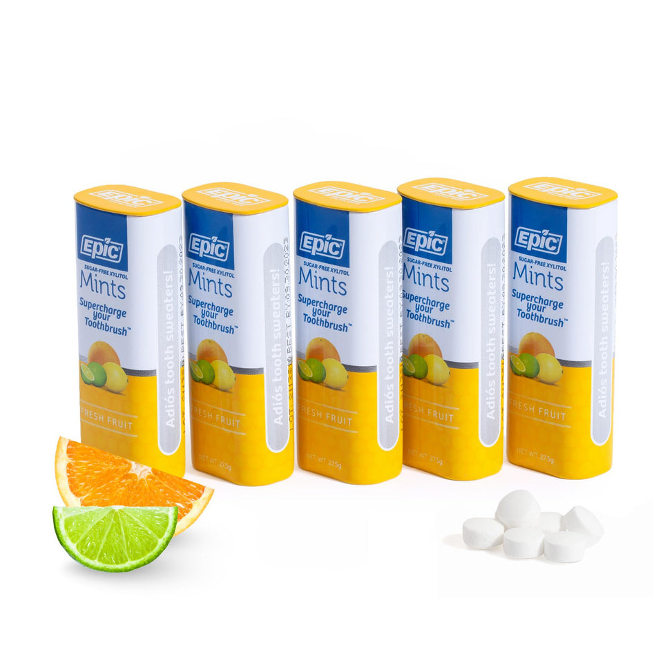 Epic Mints Fresh Fruit flavor five-pack shows a fruity, refreshing breath option