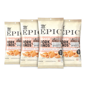 Epic Pink Himalayan Salt Pork Rinds crunch in a resealable bag for high protein on the go.