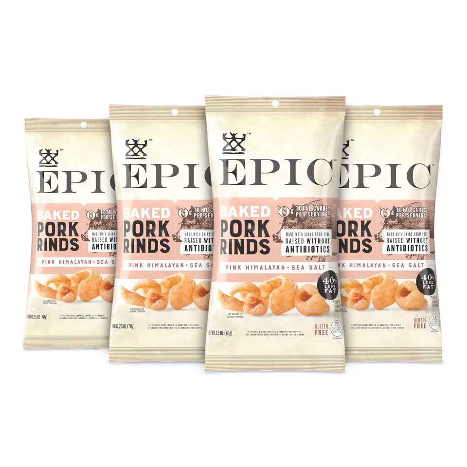 Epic Pink Himalayan Salt Pork Rinds crunch in a resealable bag for high protein on the go.