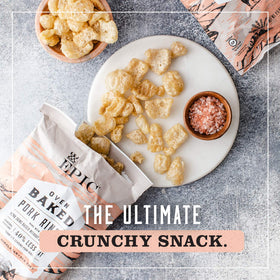 Epic Pink Himalayan Salt Pork Rinds flavor packed bite for keto and paleo snacking.