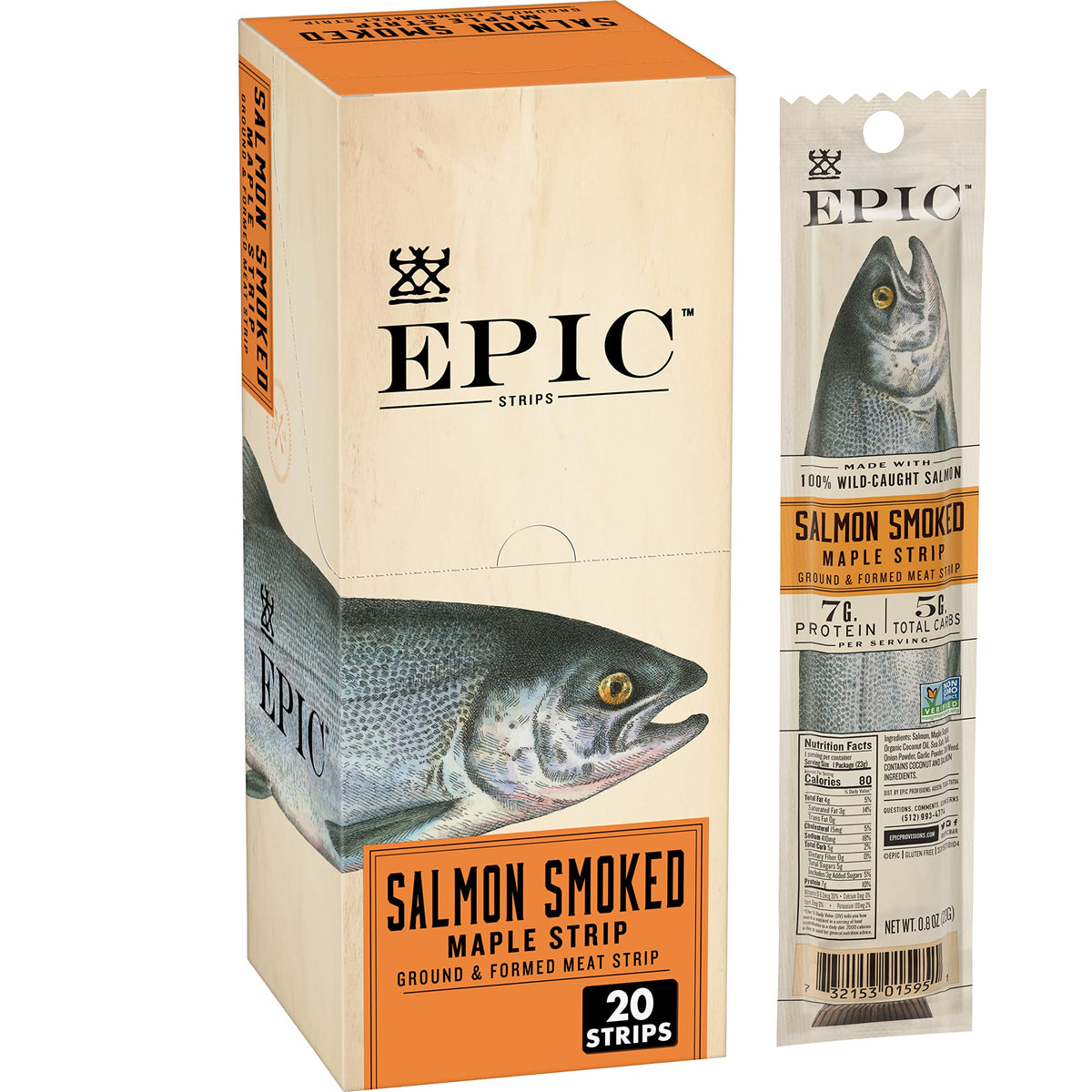 EPIC Salmon Smoked Maple Strips pack on display, ready-to-eat protein snack on the go