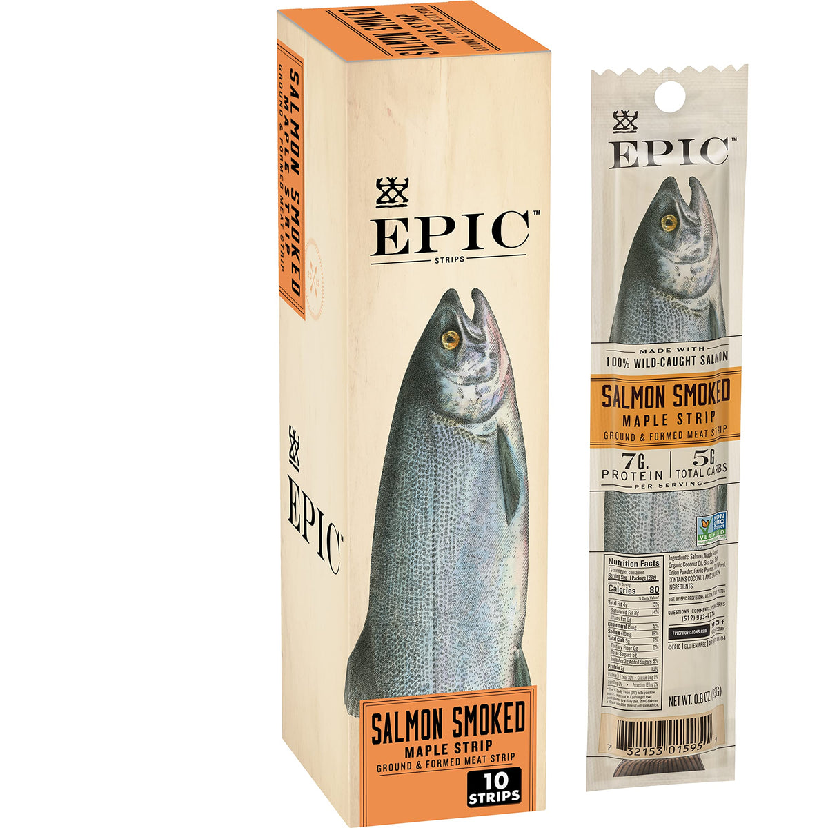 Epic Smoked Salmon Snack Strips packaging, convenient on-the-go high-protein choice.