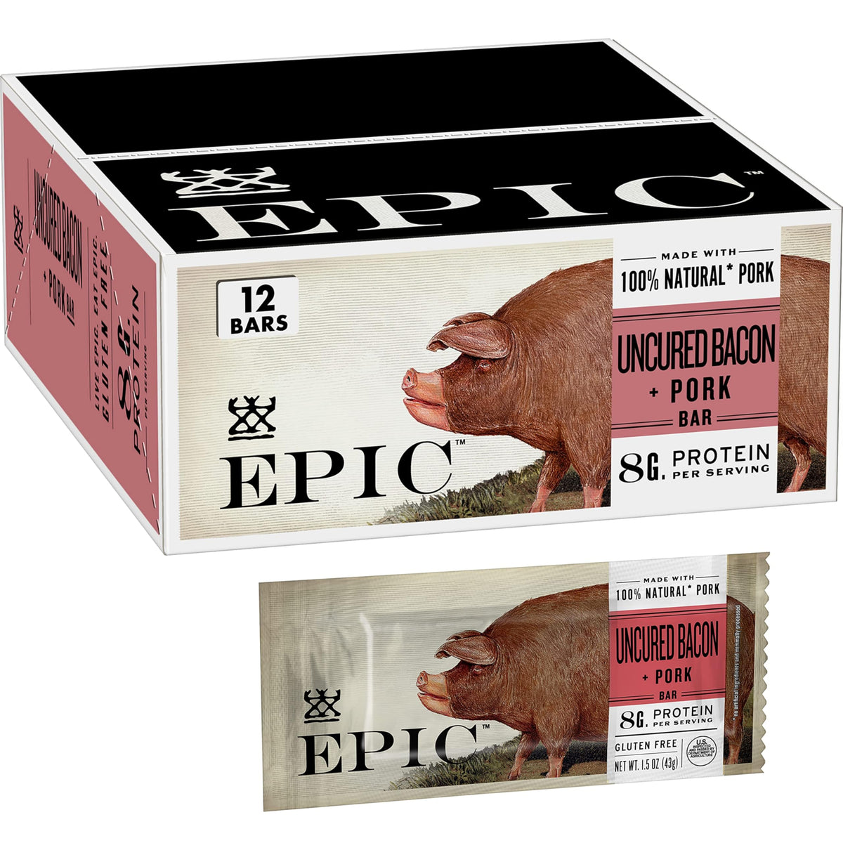 EPIC Uncured Bacon and Pork Bars box, gluten-free and paleo-friendly snack.