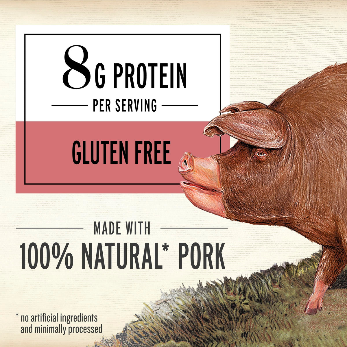 Ingredients close-up highlighting 100% natural pork and absence of antibiotics.