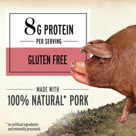 Ingredients close-up highlighting 100% natural pork and absence of antibiotics.